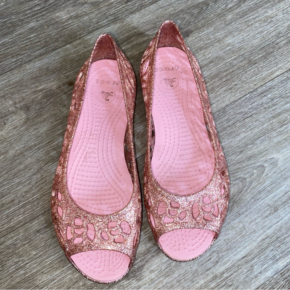 Crocs Isabella Jelly Flats Junior Size 3 Pink Glitter Open Toe